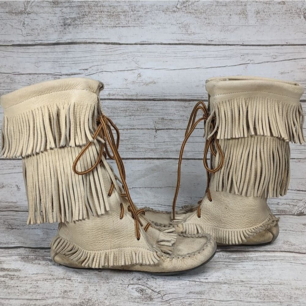 Huron Moc ENR Soft Light Tan Yellow Fringe Moccasins Size 6